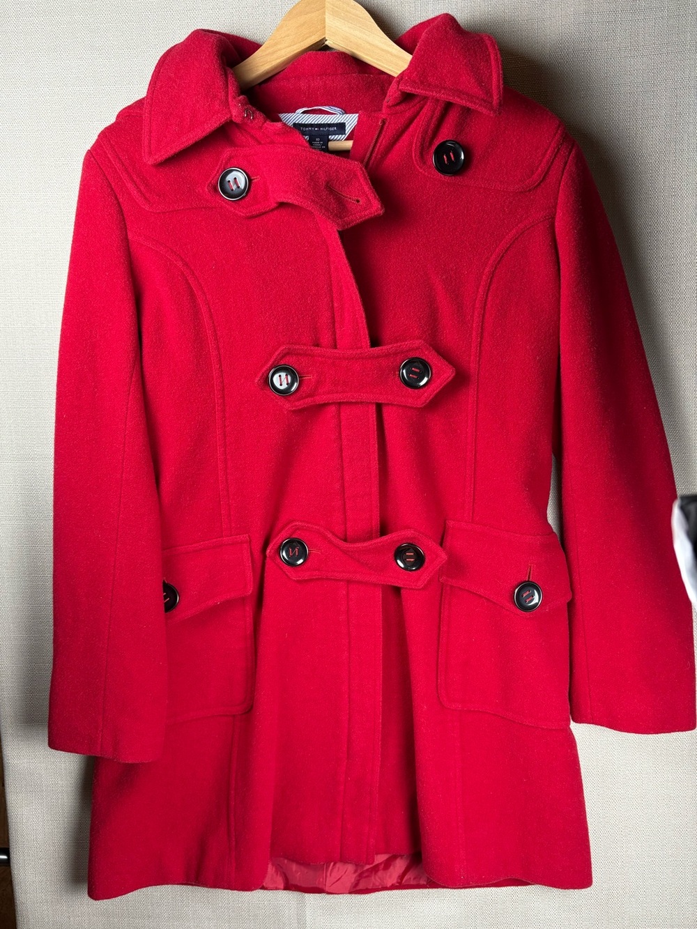 Tommy Hilfiger Womens Size 10 Red Hooded Wool Blend Coat Button Winter Jacket